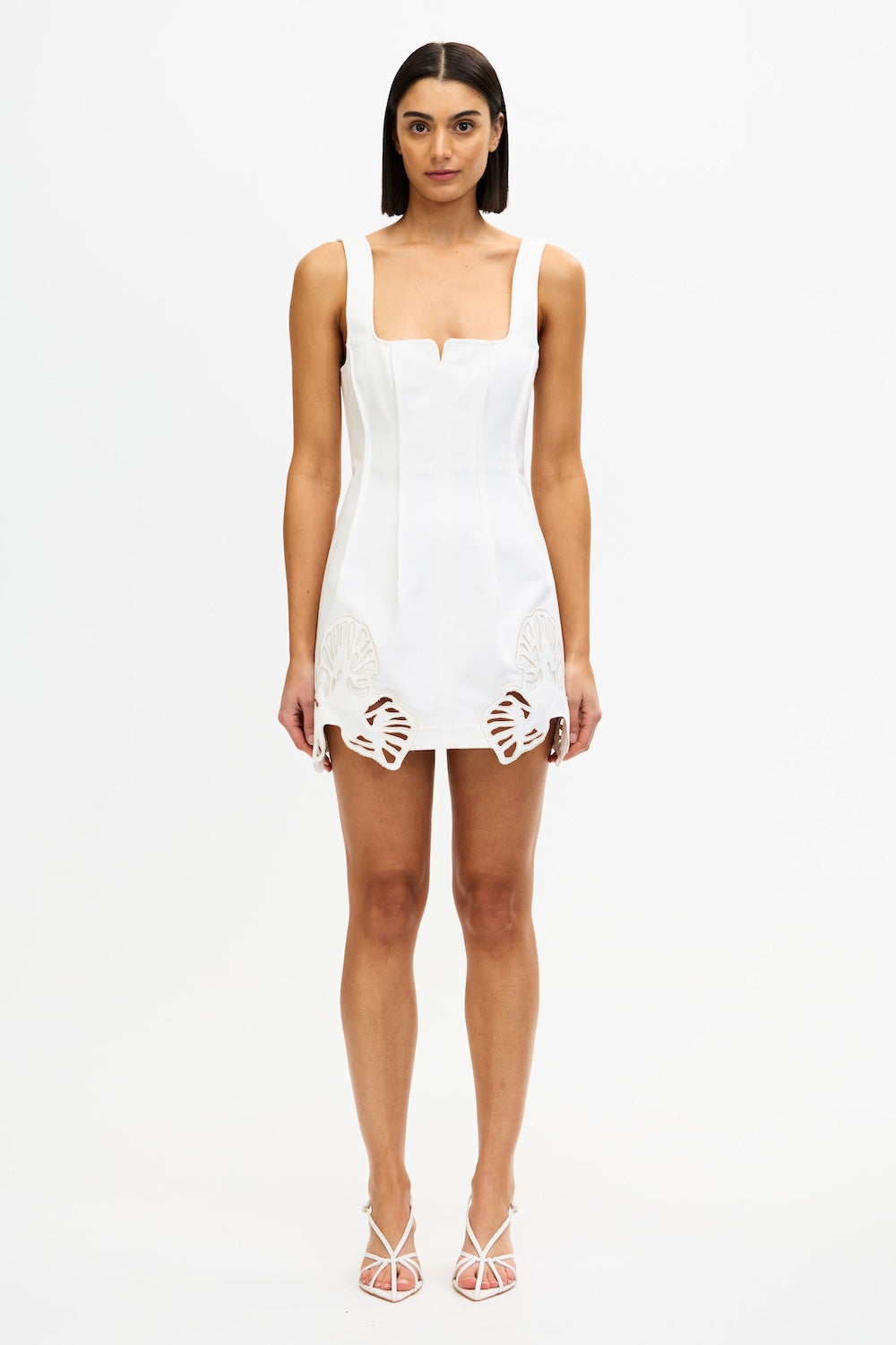 Acler Online AU Ivory Mini Dress, AU6 US2, Woven Cotton Denim, Low Front Neckline, Exposed Stitched Darts, Embroidered Motif