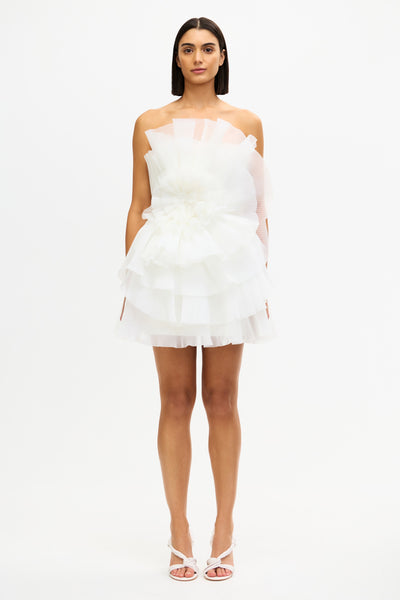 Acler Online AU Ivory Mini Dress, Adjustable Shoulder Straps, Organza Rosette Detailing, Polyester Composition
