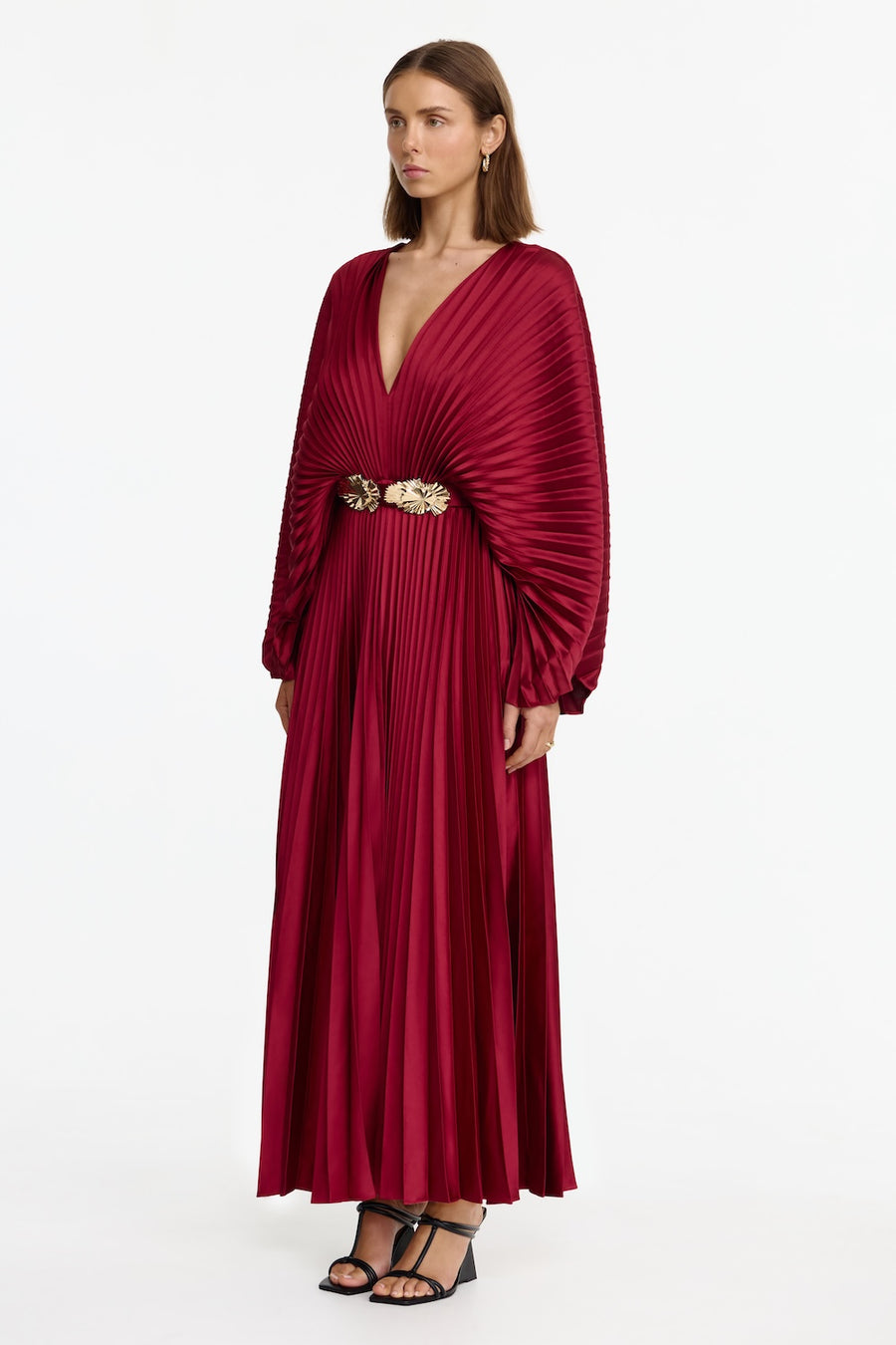 acler larimer long-sleeve v-neck pleated maxi dress Acler Larimer Long-Sleeve V-Neck Pleated Maxi Dress