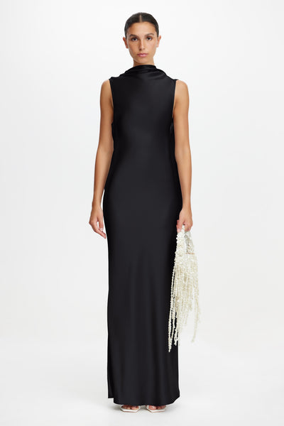 Acler Online AU Maxi Dress, Black, AU8 US4, Satin Woven Fabric, High Neckline, Low Back