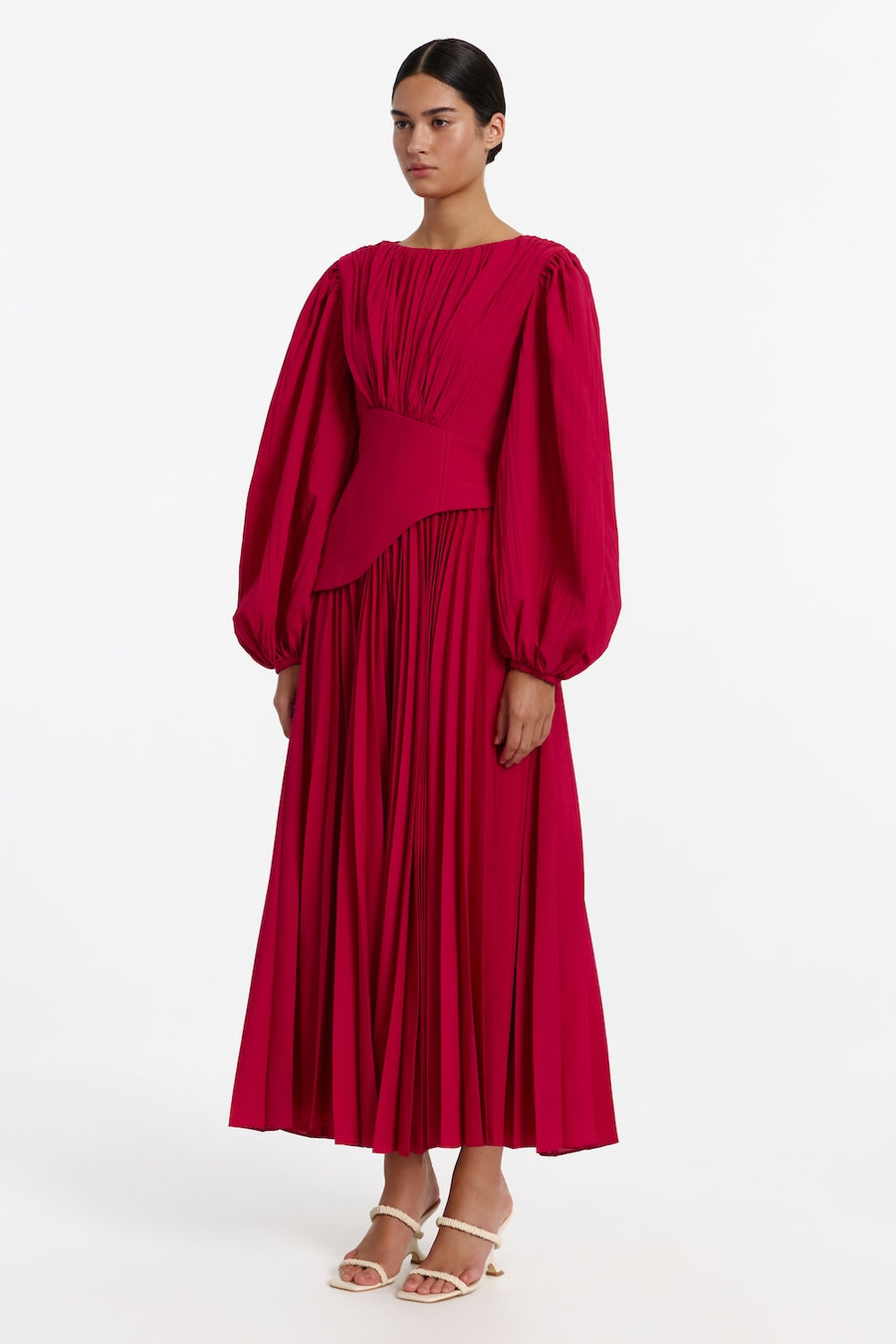 Charley Pleated Midi Dress in Deep Magenta Pink – Acler