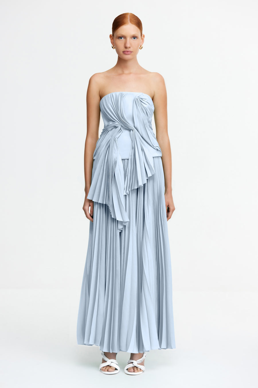 acler blue pleated dress Acler Larimer Long-Sleeve V-Neck Pleated Maxi Dress
